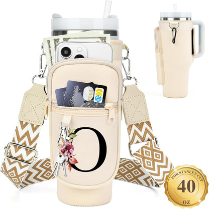 Initial Water Bottle Holder with Strap for Stanley Cup 40 oz with Handle
