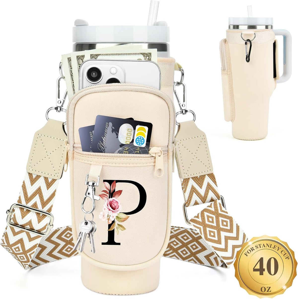 Initial Water Bottle Holder with Strap for Stanley Cup 40 oz with Handle