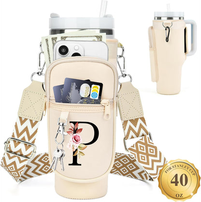 Initial Water Bottle Holder with Strap for Stanley Cup 40 oz with Handle