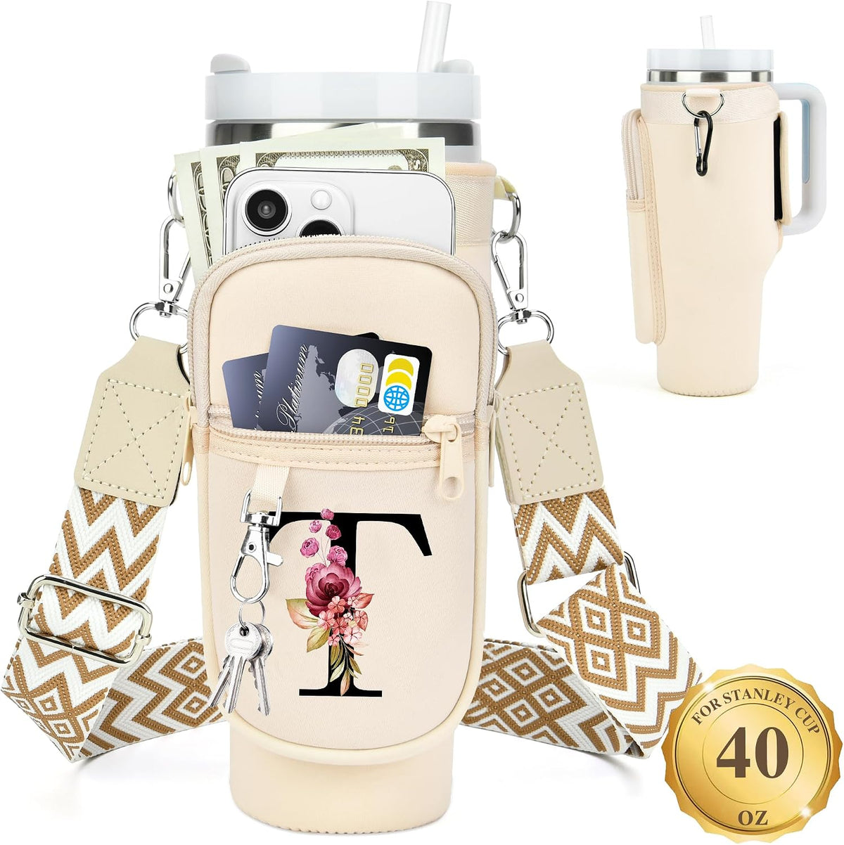 Initial Water Bottle Holder with Strap for Stanley Cup 40 oz with Handle
