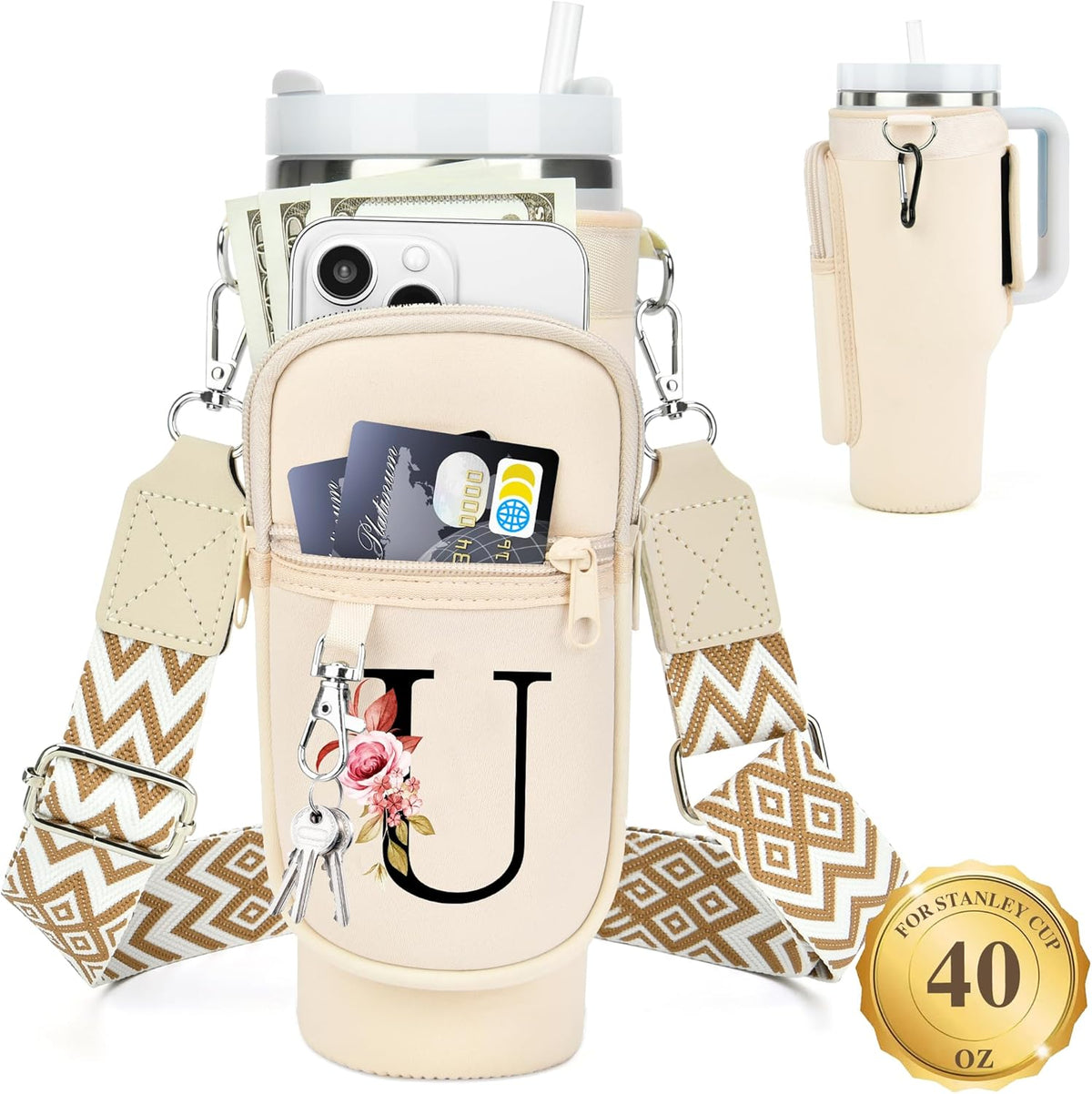 Initial Water Bottle Holder with Strap for Stanley Cup 40 oz with Handle