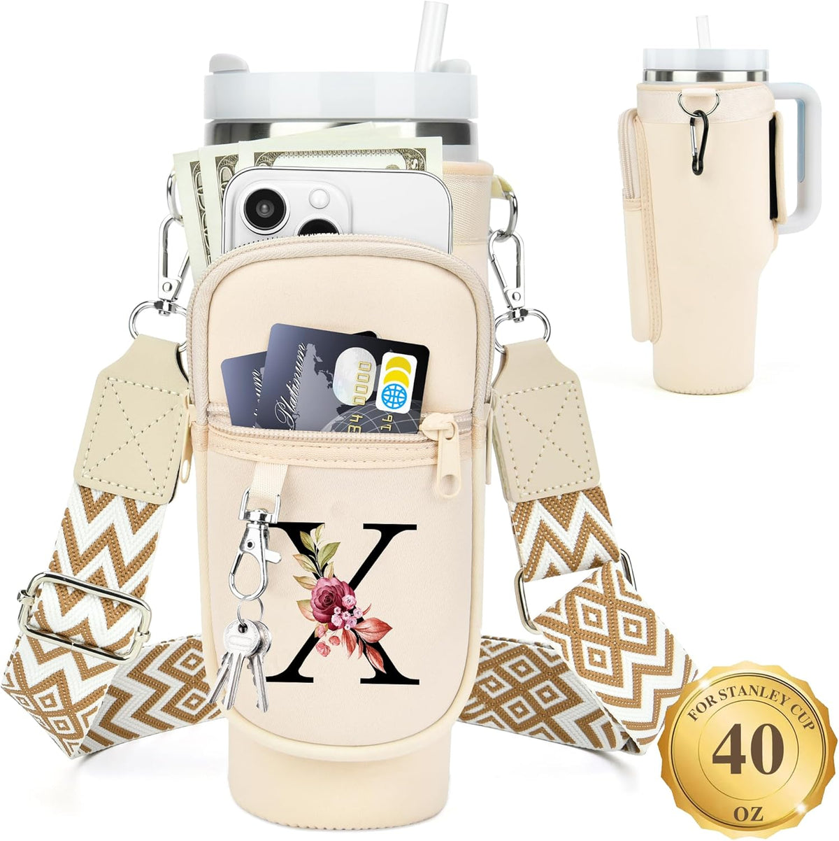 Initial Water Bottle Holder with Strap for Stanley Cup 40 oz with Handle