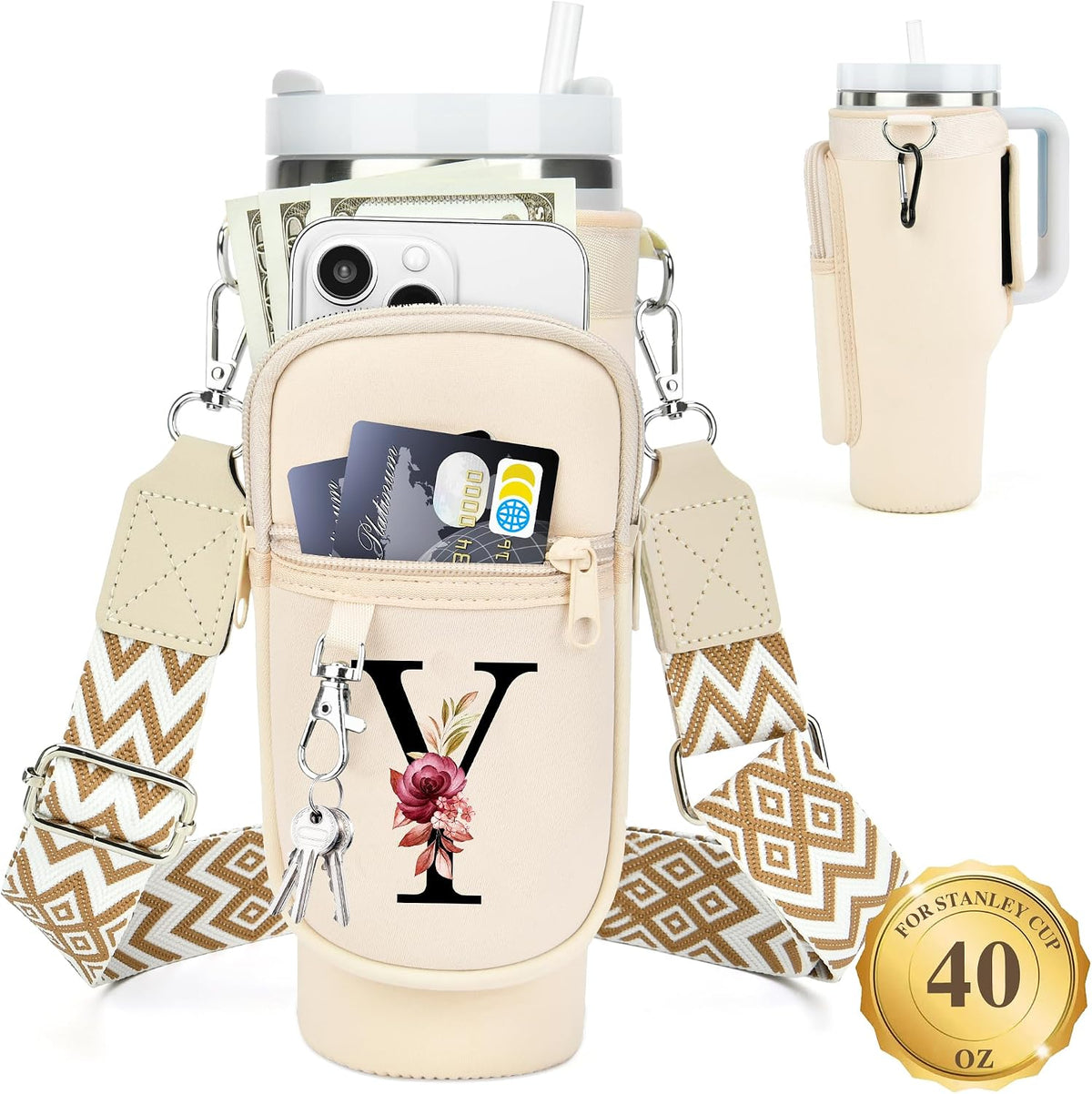 Initial Water Bottle Holder with Strap for Stanley Cup 40 oz with Handle
