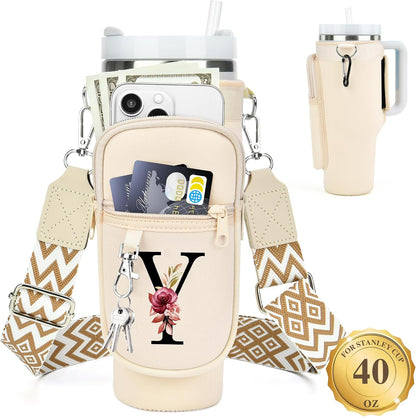 Initial Water Bottle Holder with Strap for Stanley Cup 40 oz with Handle