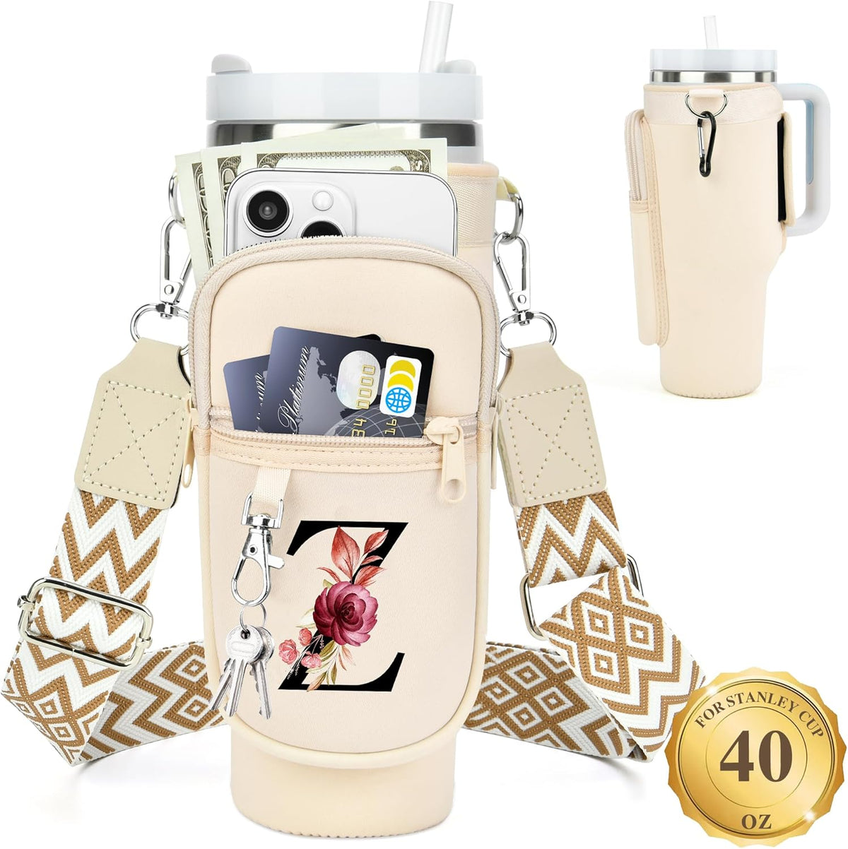 Initial Water Bottle Holder with Strap for Stanley Cup 40 oz with Handle