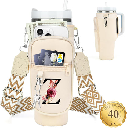 Initial Water Bottle Holder with Strap for Stanley Cup 40 oz with Handle