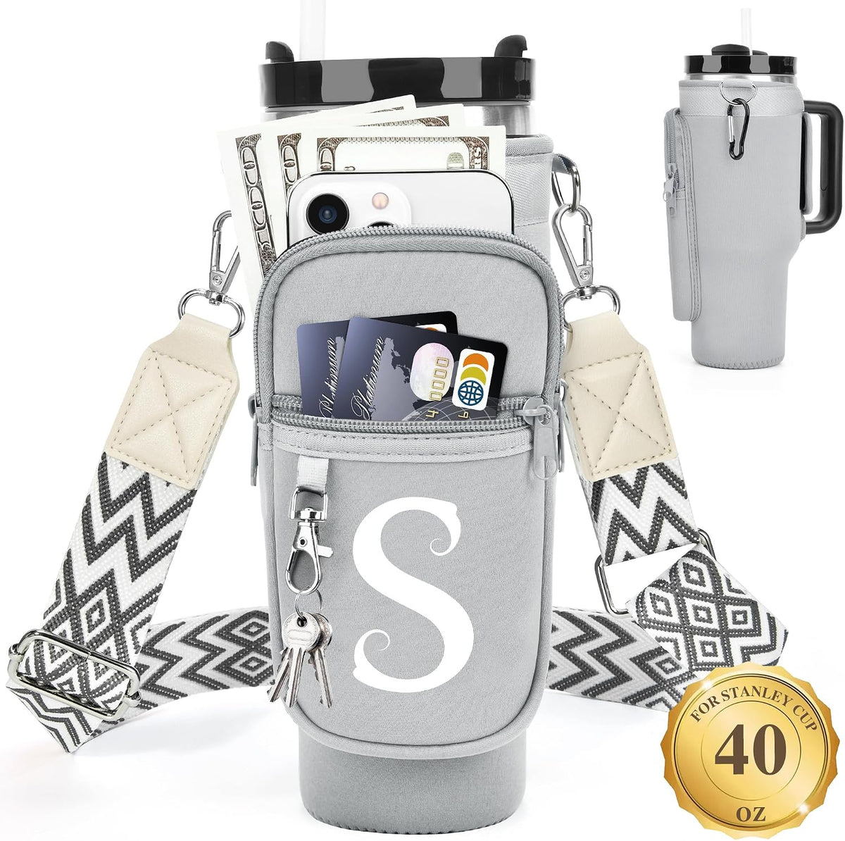 Initial Water Bottle Holder with Strap for Stanley Cup 40 oz with Handle