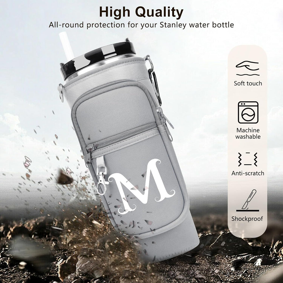 Initial Water Bottle Holder with Strap for Stanley Cup 40 oz with Handle