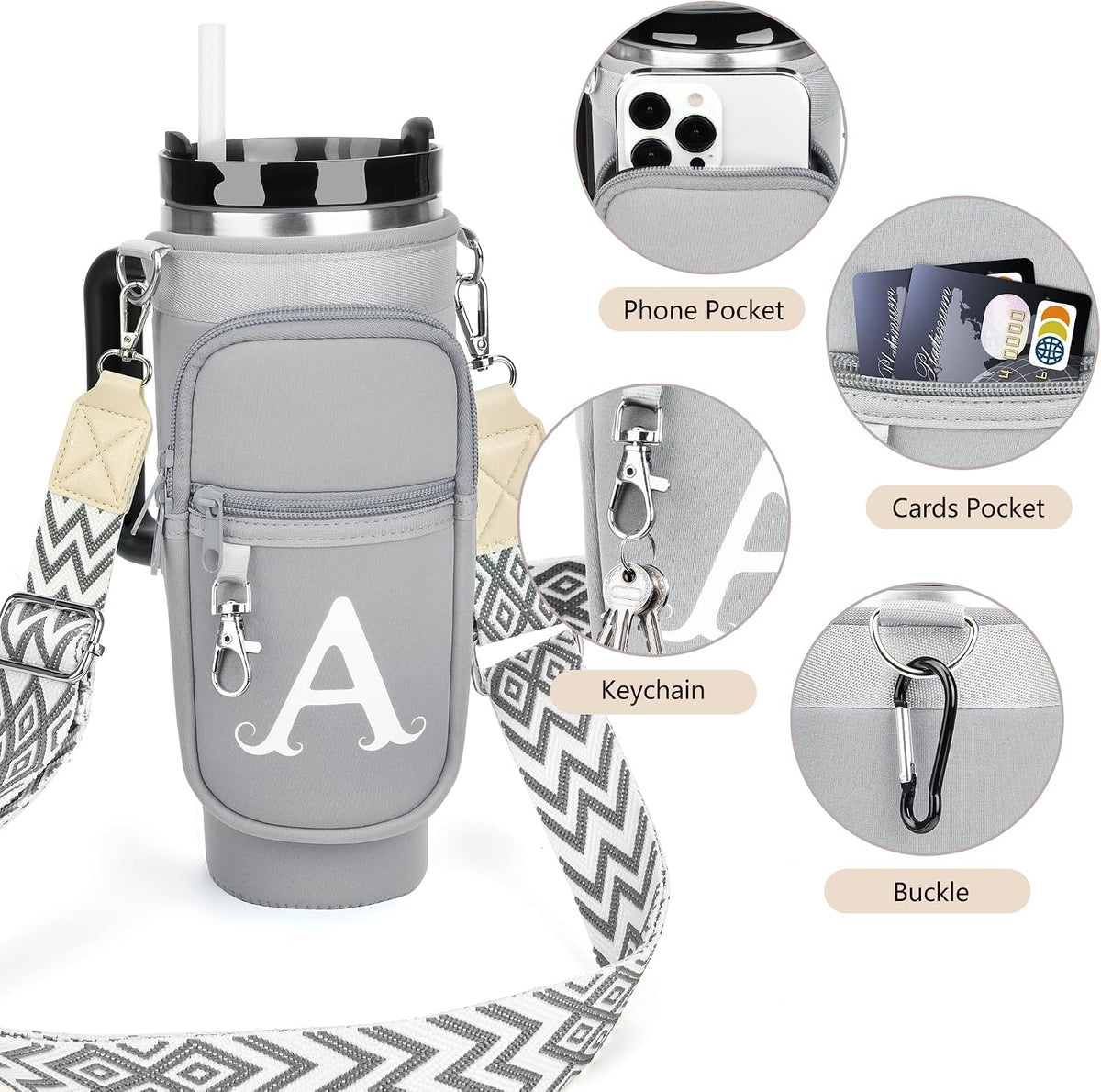 Initial Water Bottle Holder with Strap for Stanley Cup 40 oz with Handle