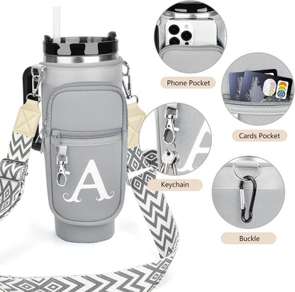 Initial Water Bottle Holder with Strap for Stanley Cup 40 oz with Handle