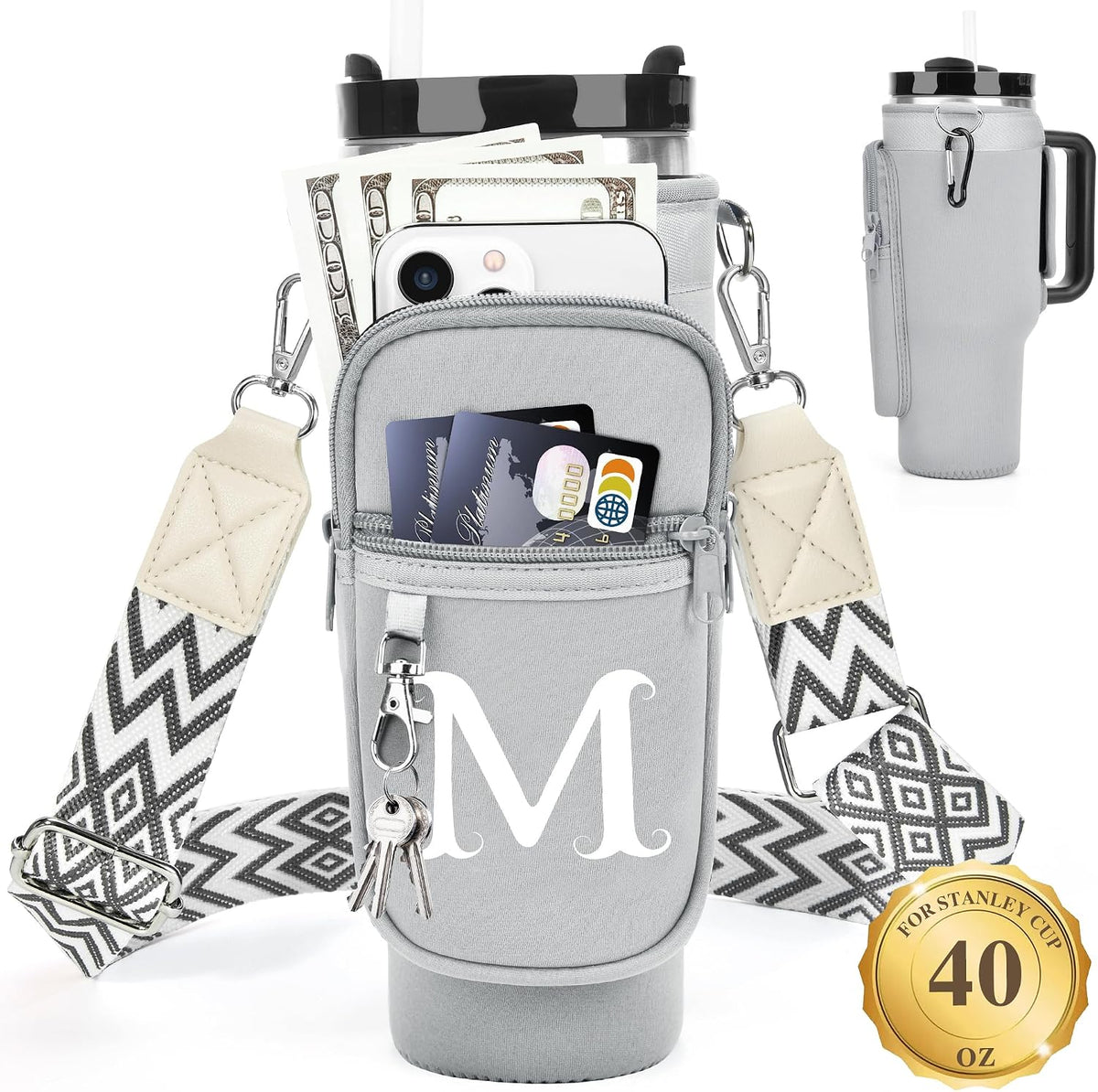 Initial Water Bottle Holder with Strap for Stanley Cup 40 oz with Handle