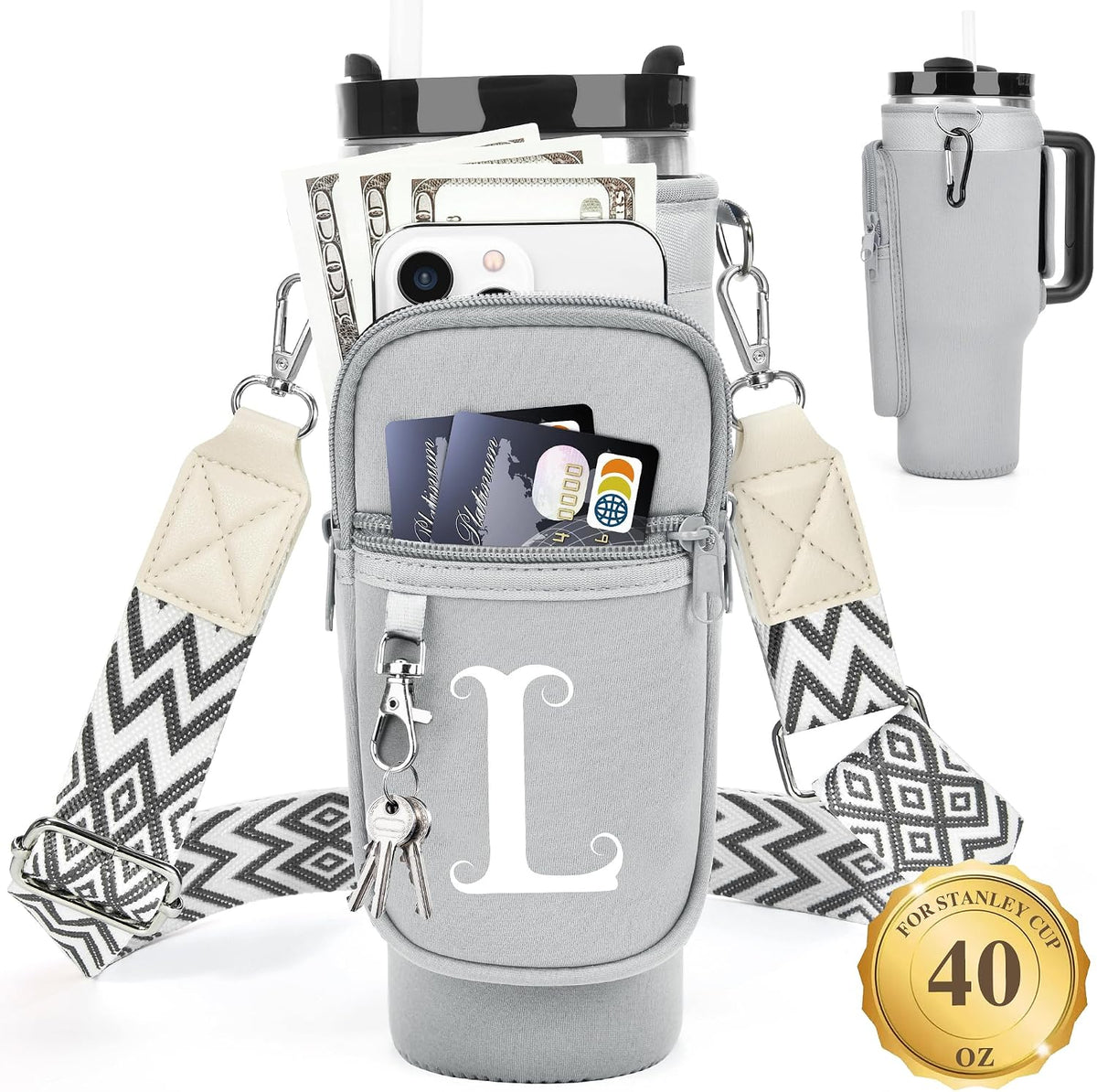 Initial Water Bottle Holder with Strap for Stanley Cup 40 oz with Handle