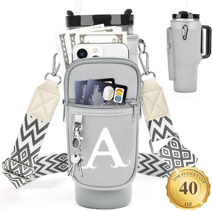 Initial Water Bottle Holder with Strap for Stanley Cup 40 oz with Handle