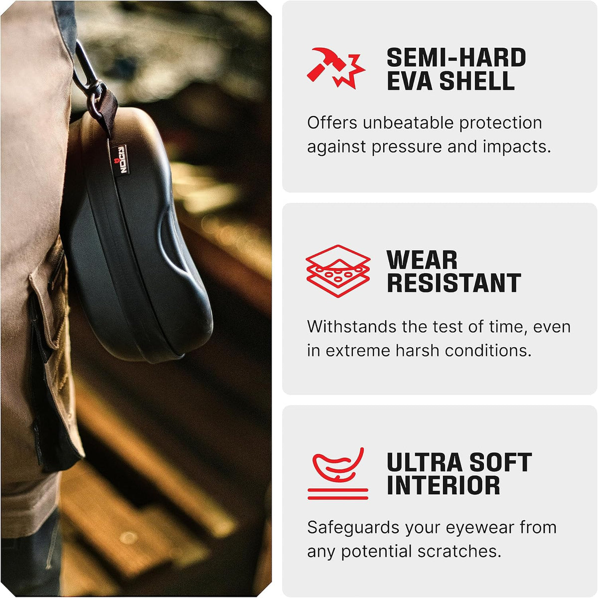 Glasses Case Hard Shell with Velvet Lining, Reinforced Zipper & Belt Clip — Protective Sunglasses or Eyeglass Case for Sunglass or Safety Glasses, Perfect Storage for Travel — For Men and Women