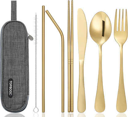 Portable Stainless Steel Flatware Set, Travel Camping Cutlery Set, Portable Utensil Travel Silverware Dinnerware Set with a Waterproof Case (Pink)