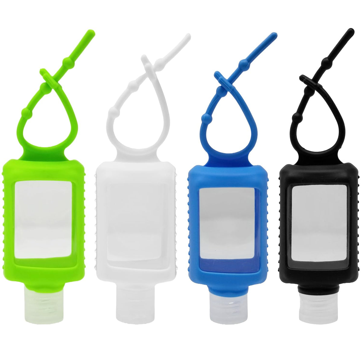 2oz Hand Sanitizer Holder with Clear Bottle, Silicone Sleeve and Keychain for Backpack Travel, Pack of 4