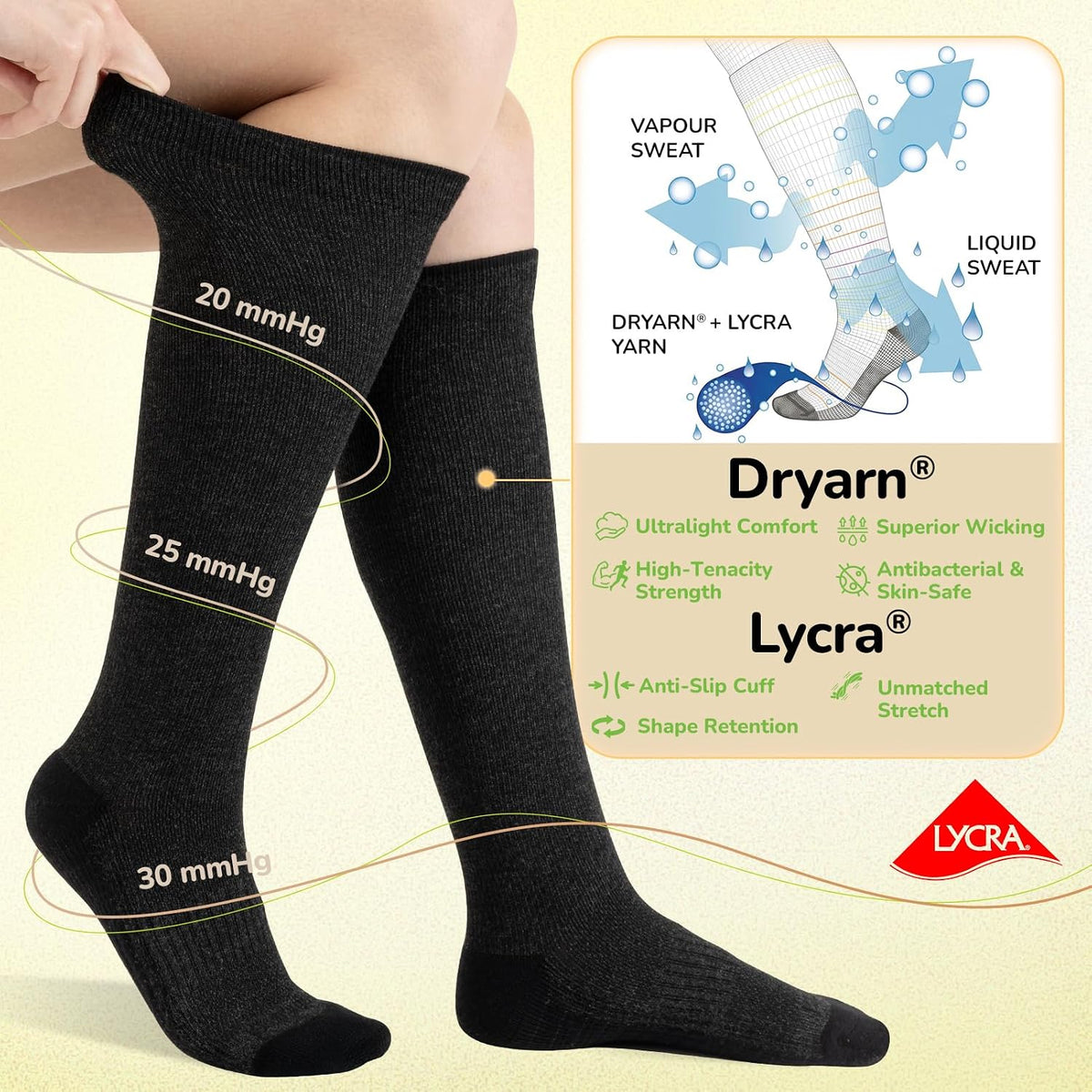 Merino Wool Compression Socks for Women & Men, 20-30 mmHg Knee High Dryarn Socks for Flying, Travel