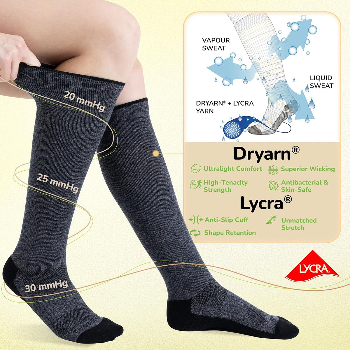 Merino Wool Compression Socks for Women & Men, 20-30 mmHg Knee High Dryarn Socks for Flying, Travel