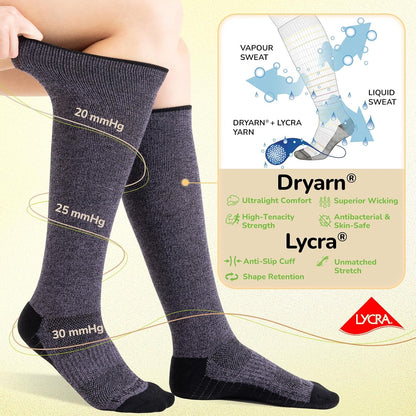 Merino Wool Compression Socks for Women & Men, 20-30 mmHg Knee High Dryarn Socks for Flying, Travel