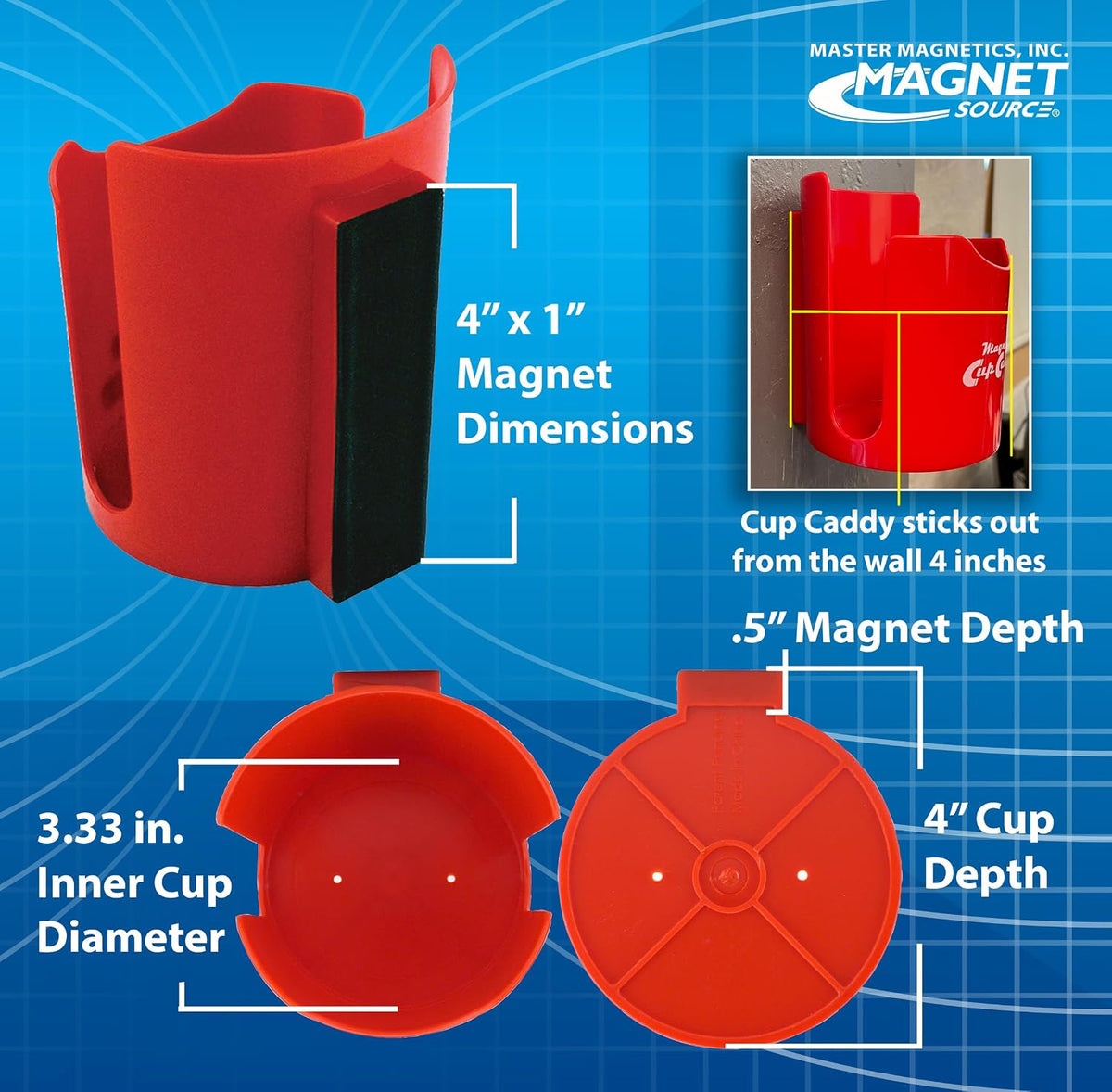 Magnetic Cup Holder - Caddy for Bottles, Glasses, and Cans - Fits on Fridge, Lawnmower, Forklift, Cart, or Ladder - Heavy-Duty Magnet