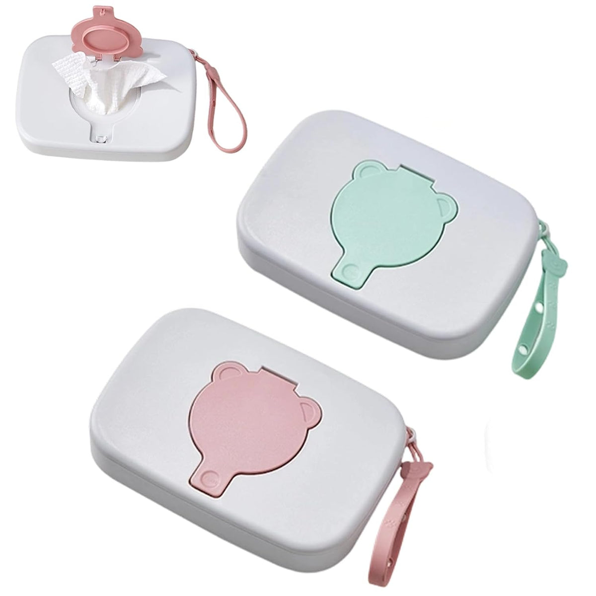 2 Pack Portable Baby Wipes Dispenser | Refillable Wet Wipe Case with Secure Lid and Carrying Strap for Travel, Diaper Bag, Car, and Nursery, Bear, Pink/Green