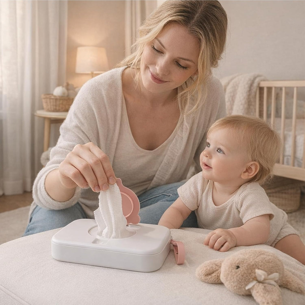 2 Pack Portable Baby Wipes Dispenser | Refillable Wet Wipe Case with Secure Lid and Carrying Strap for Travel, Diaper Bag, Car, and Nursery, Bear, Pink/Green
