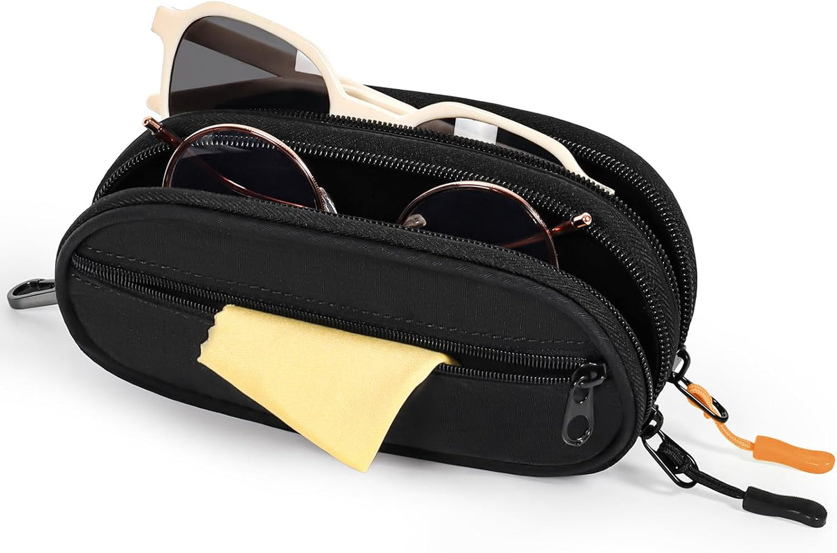 Double Eyeglasses Case Soft with Zipper & Clip for Men Women