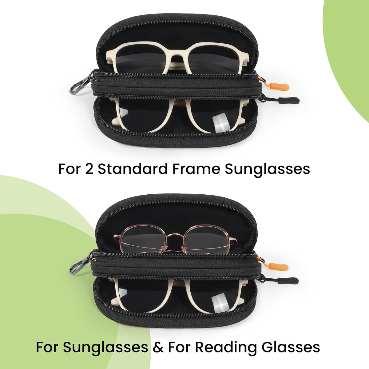 Double Eyeglasses Case Soft with Zipper & Clip for Men Women