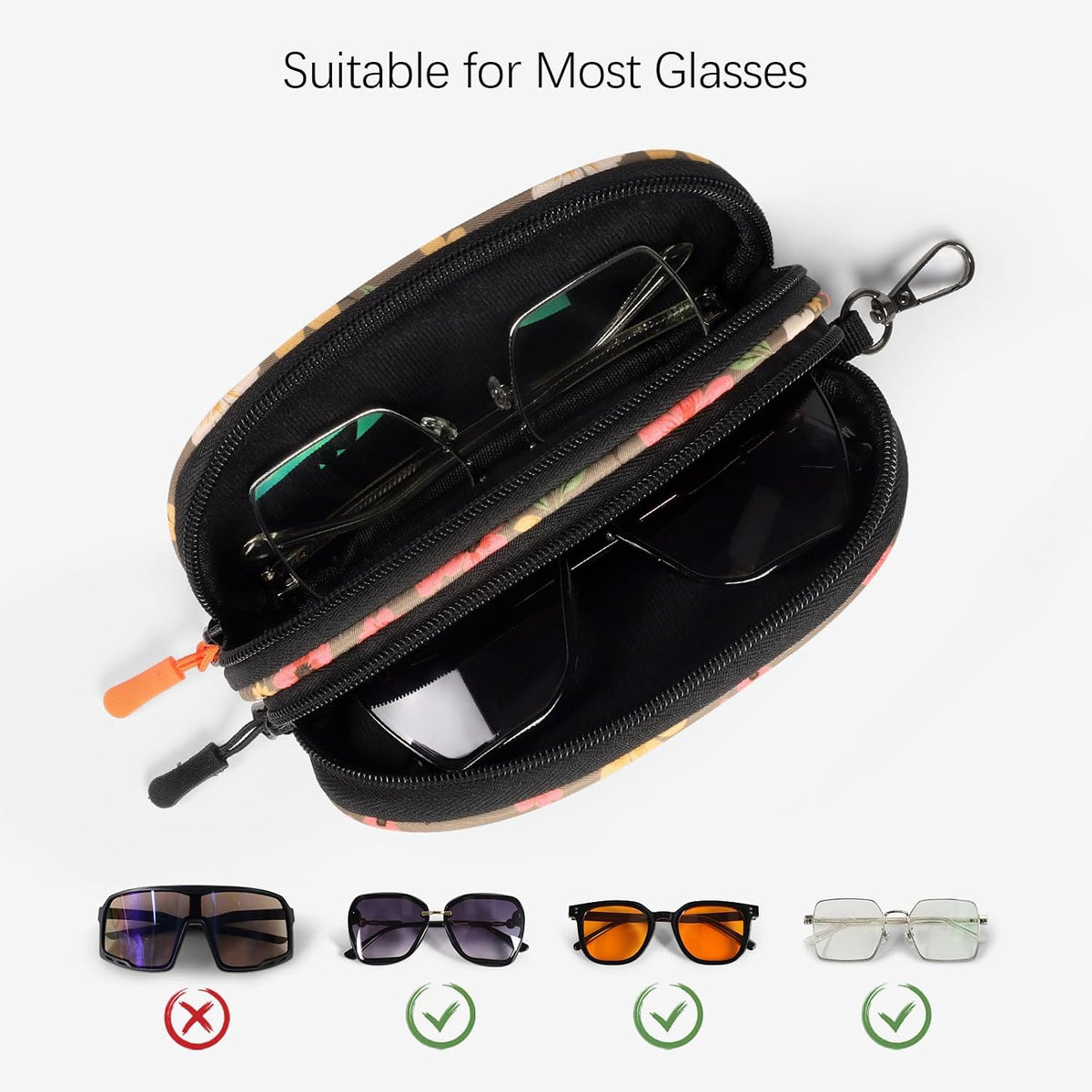 Double Eyeglasses Case Soft with Zipper & Clip for Men Women