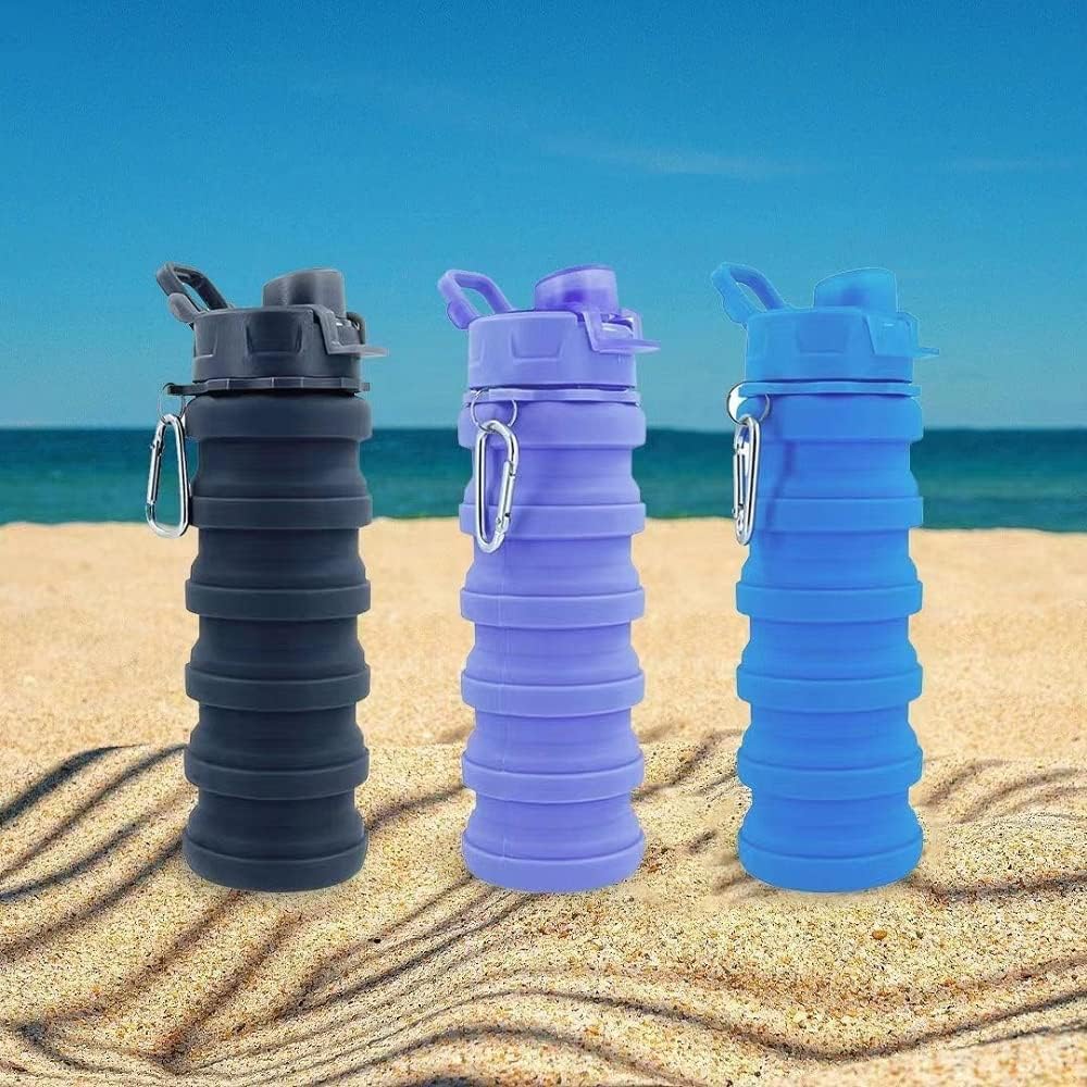 Collapsible Water Bottles 3 Pack 500ml (Black+Purple+Blue)