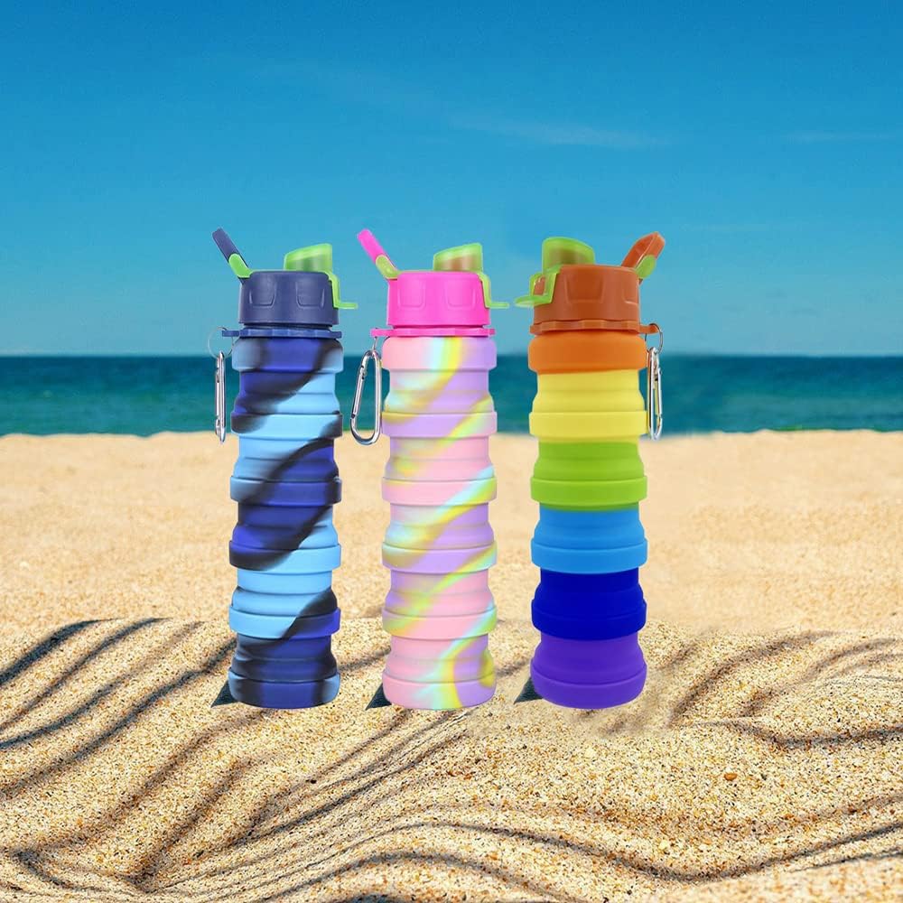 Collapsible Water Bottles 3 Pack 500ml (Black+Purple+Blue)
