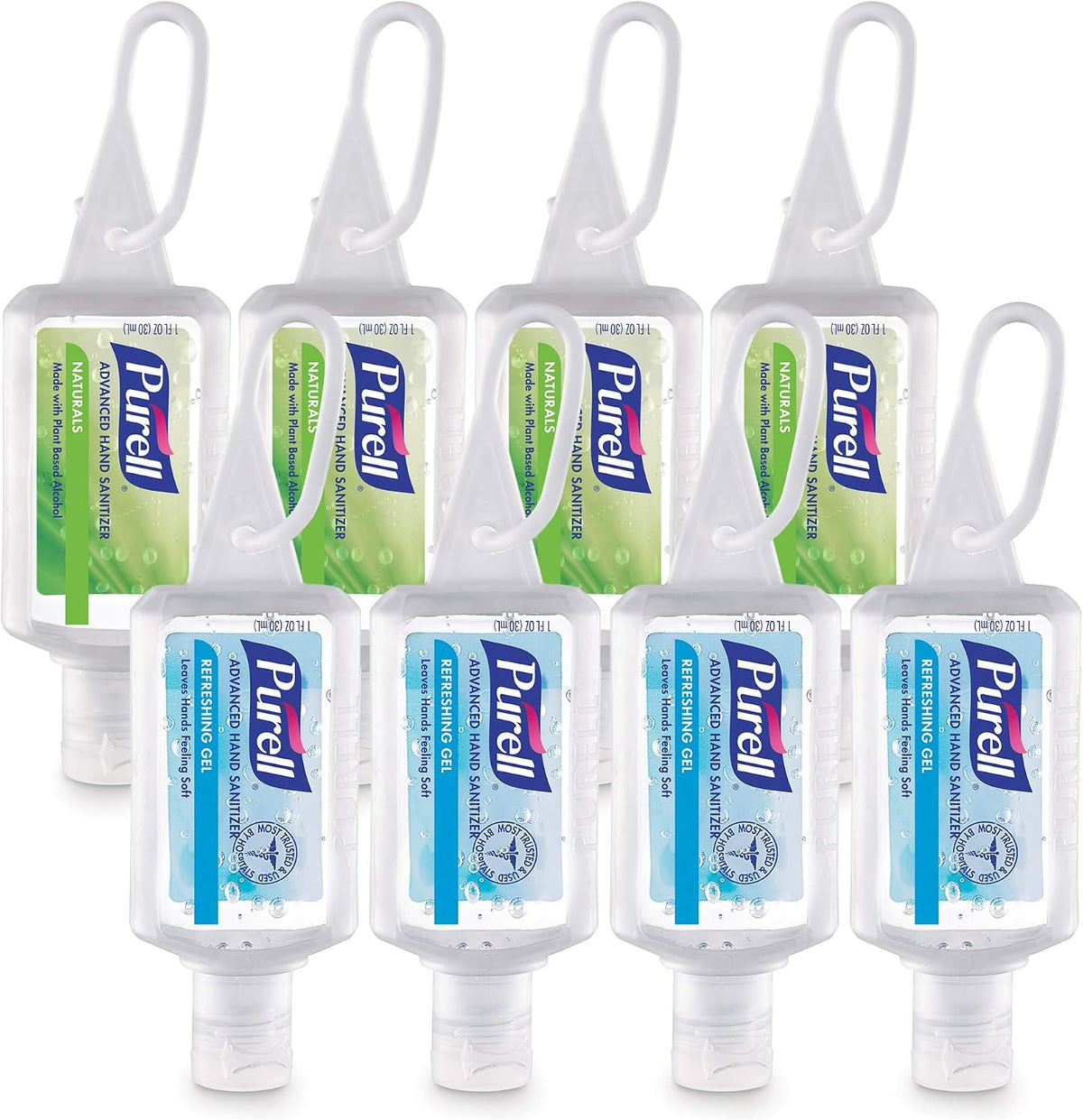 Advanced Hand Sanitizer Variety Pack, Naturals and Refreshing Gel, 1 Fl Oz Travel Size Flip-Cap Bottle with Jelly Wrap Carrier (Pack of 8) - 3900-09-ECSC
