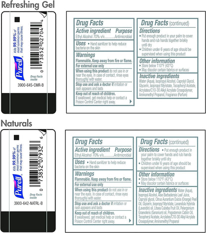 Advanced Hand Sanitizer Variety Pack, Naturals and Refreshing Gel, 1 Fl Oz Travel Size Flip-Cap Bottle with Jelly Wrap Carrier (Pack of 8) - 3900-09-ECSC