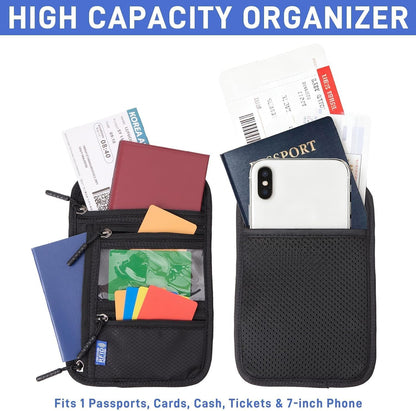 2-Pack RFID Blocking Passport Holder Neck Wallet, Large Travel Pouch for 2 Passports & 7" Phone, Comfortable Breathable Anti-Theft Travel Organizer with Cash Pocket (Black & Dark Gray)
