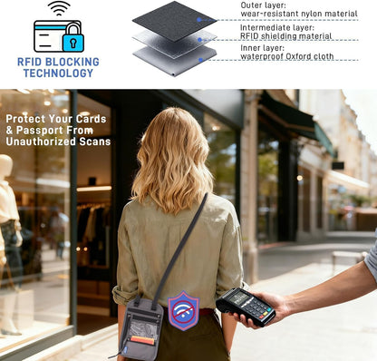 2-Pack RFID Blocking Passport Holder Neck Wallet, Large Travel Pouch for 2 Passports & 7" Phone, Comfortable Breathable Anti-Theft Travel Organizer with Cash Pocket (Black & Dark Gray)