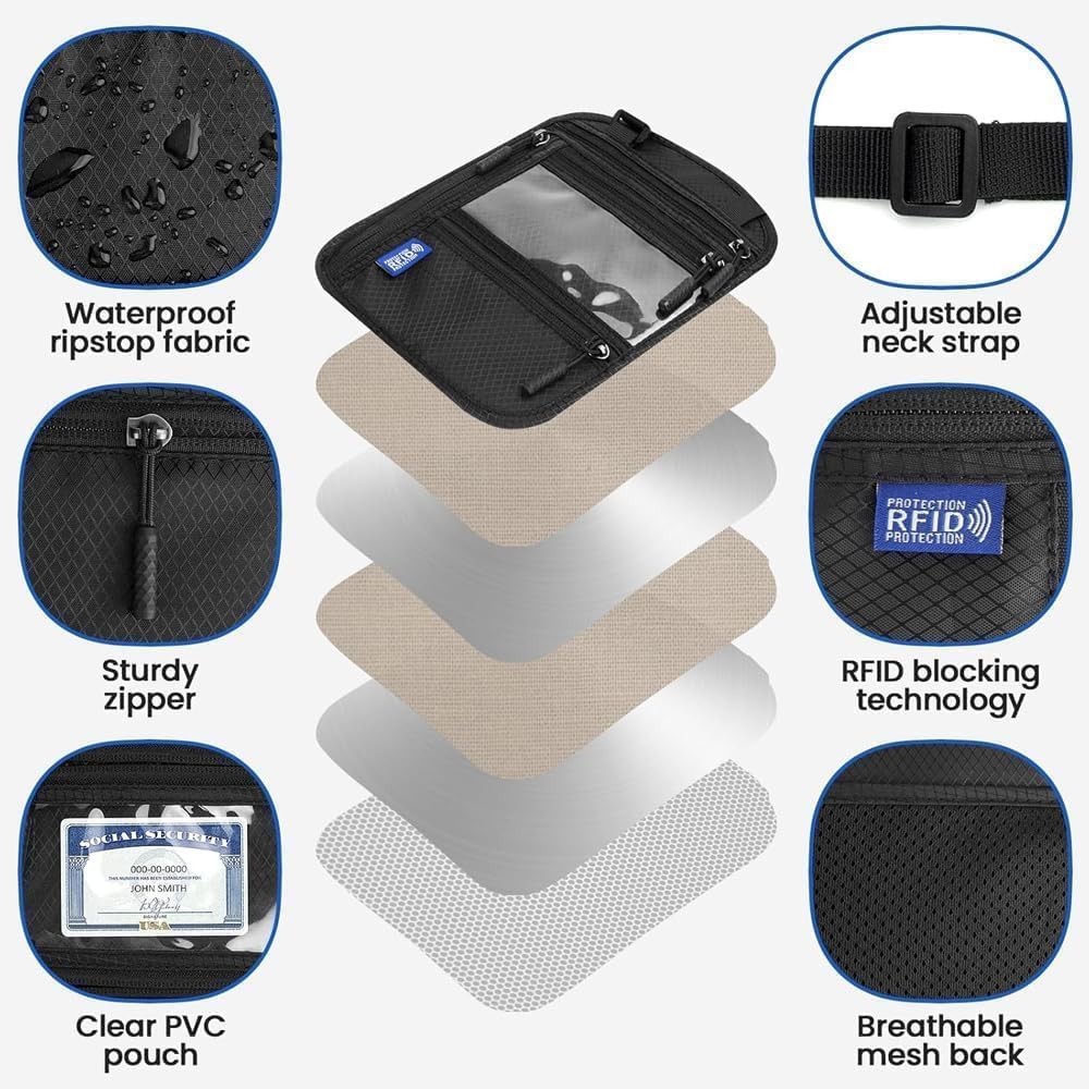2-Pack RFID Blocking Passport Holder Neck Wallet, Large Travel Pouch for 2 Passports & 7" Phone, Comfortable Breathable Anti-Theft Travel Organizer with Cash Pocket (Black & Dark Gray)