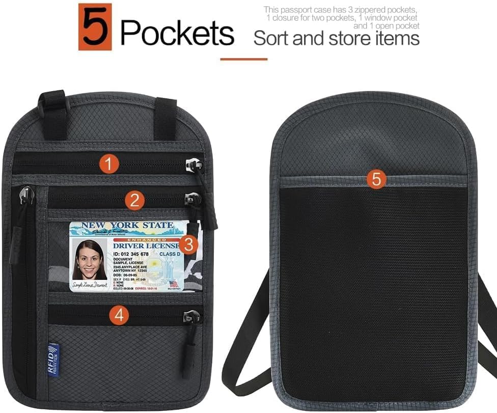 2-Pack RFID Blocking Passport Holder Neck Wallet, Large Travel Pouch for 2 Passports & 7" Phone, Comfortable Breathable Anti-Theft Travel Organizer with Cash Pocket (Black & Dark Gray)