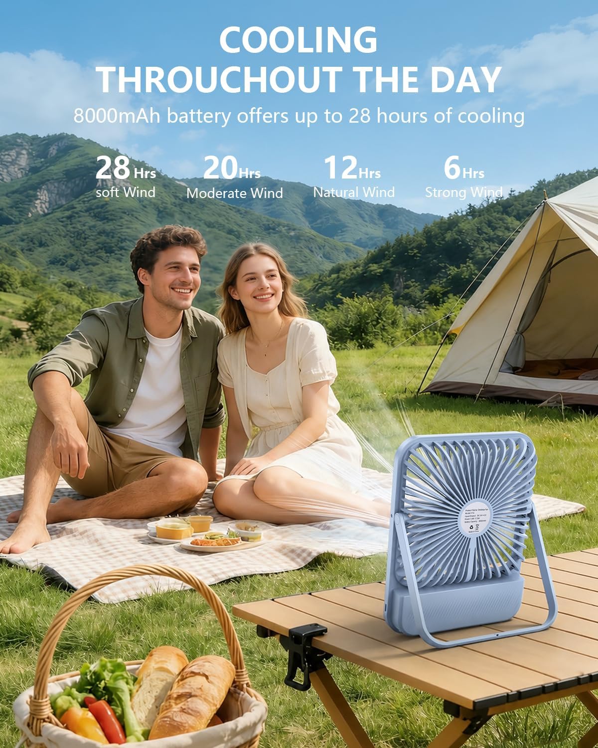 8000mAh Portable Travel Fan,7in 28hrs Ultra-Thin Desk Fan