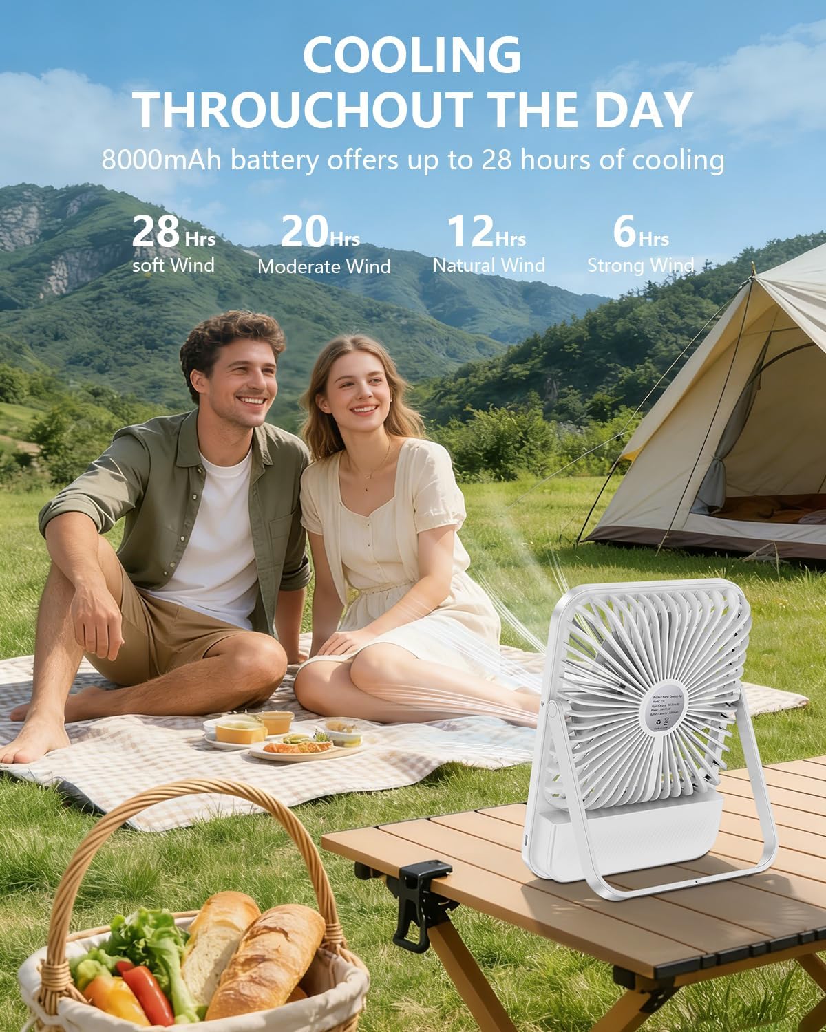 8000mAh Portable Travel Fan,7in 28hrs Ultra-Thin Desk Fan