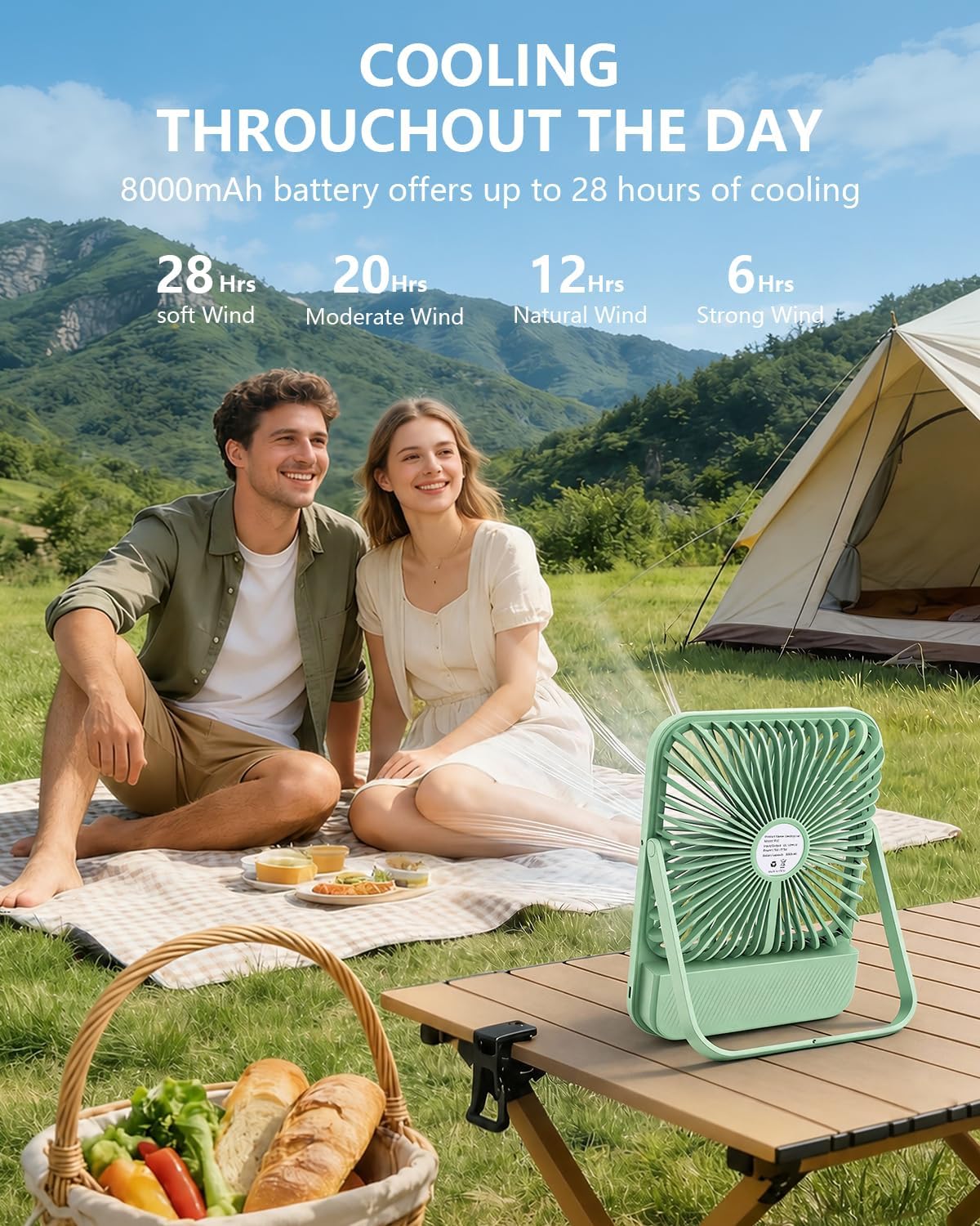 8000mAh Portable Travel Fan,7in 28hrs Ultra-Thin Desk Fan
