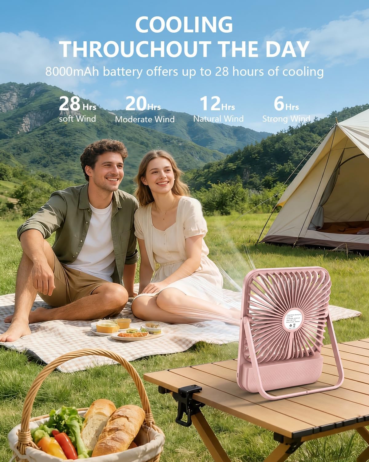 8000mAh Portable Travel Fan,7in 28hrs Ultra-Thin Desk Fan