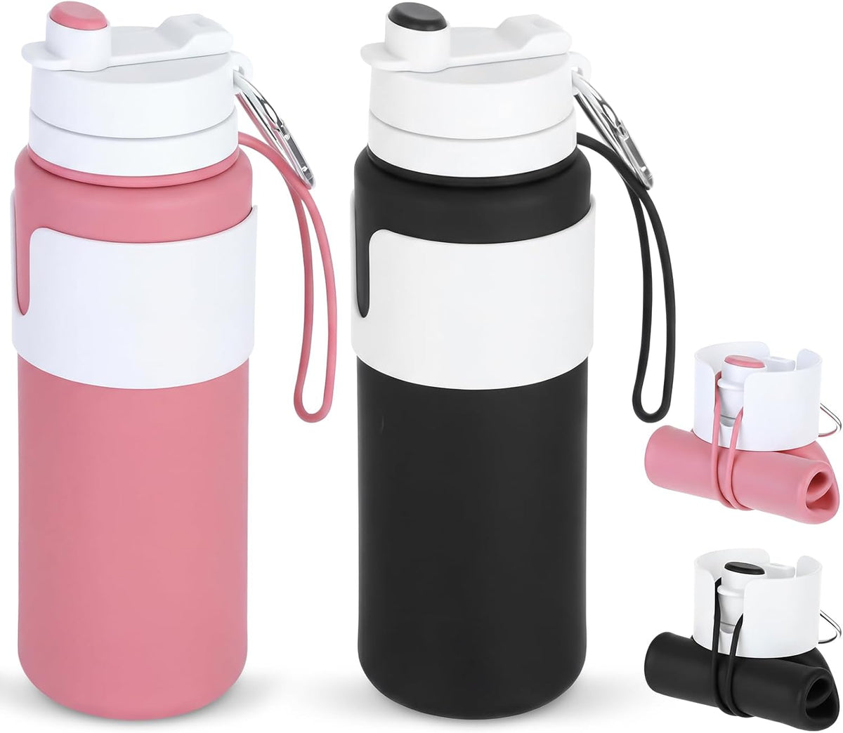 2 Pcs 26 oz Silicone Collapsible Water Bottle, Portable Foldable Water Bottle Leakproof with Carabiner Reuseable Lightweight for Travel Sports Hiking Camping Cycling Office (Black,Pink)
