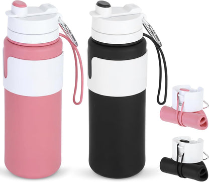 2 Pcs 26 oz Silicone Collapsible Water Bottle, Portable Foldable Water Bottle Leakproof with Carabiner Reuseable Lightweight for Travel Sports Hiking Camping Cycling Office (Black,Pink)