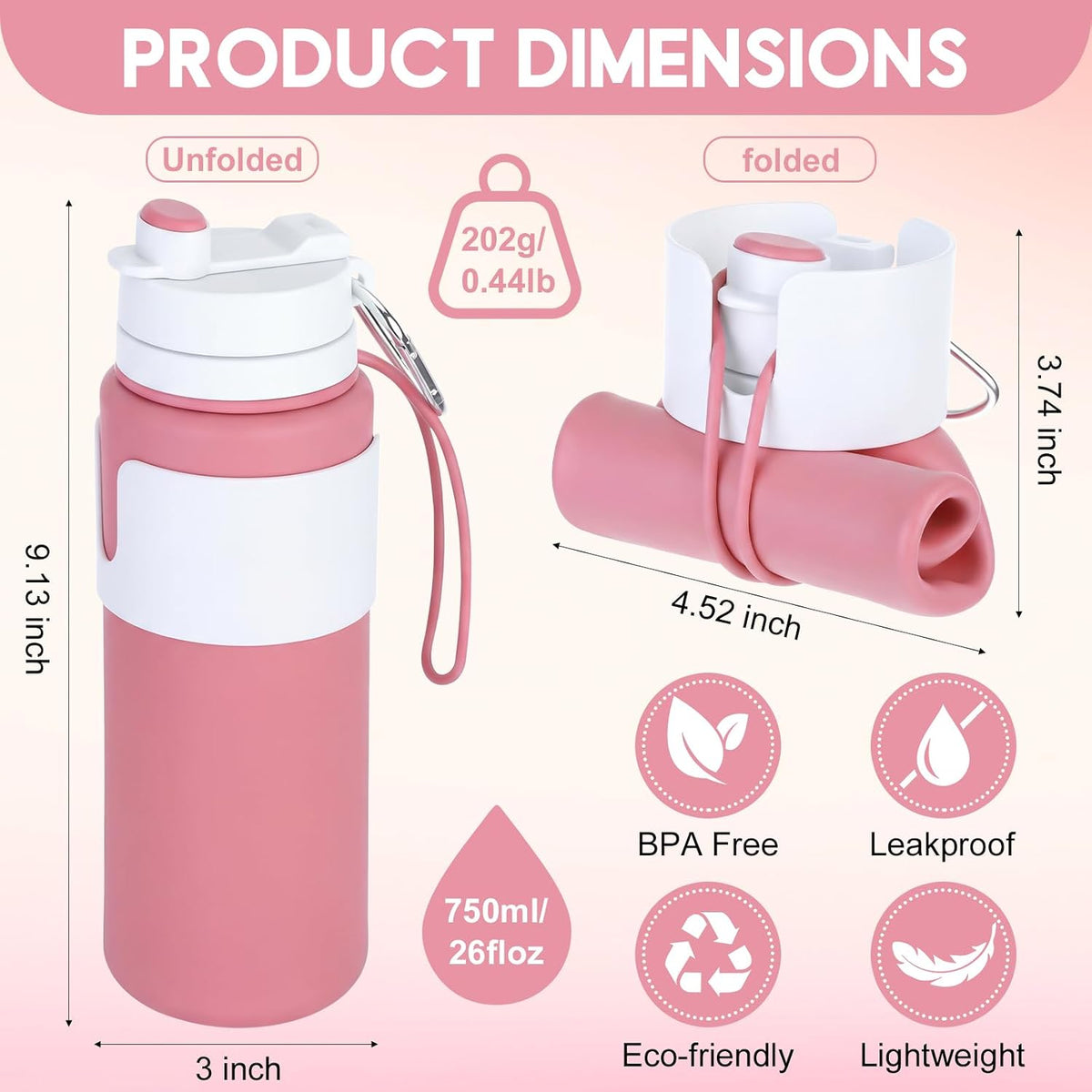 2 Pcs 26 oz Silicone Collapsible Water Bottle, Portable Foldable Water Bottle Leakproof with Carabiner Reuseable Lightweight for Travel Sports Hiking Camping Cycling Office (Black,Pink)