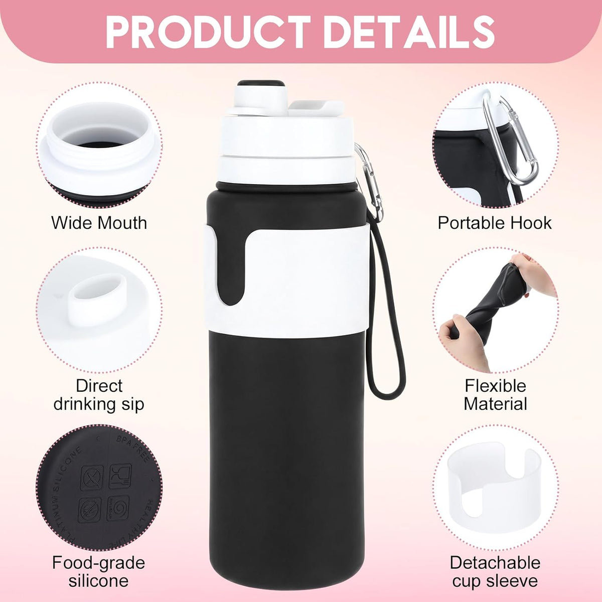 2 Pcs 26 oz Silicone Collapsible Water Bottle, Portable Foldable Water Bottle Leakproof with Carabiner Reuseable Lightweight for Travel Sports Hiking Camping Cycling Office (Black,Pink)