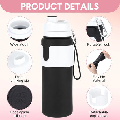 2 Pcs 26 oz Silicone Collapsible Water Bottle, Portable Foldable Water Bottle Leakproof with Carabiner Reuseable Lightweight for Travel Sports Hiking Camping Cycling Office (Black,Pink)
