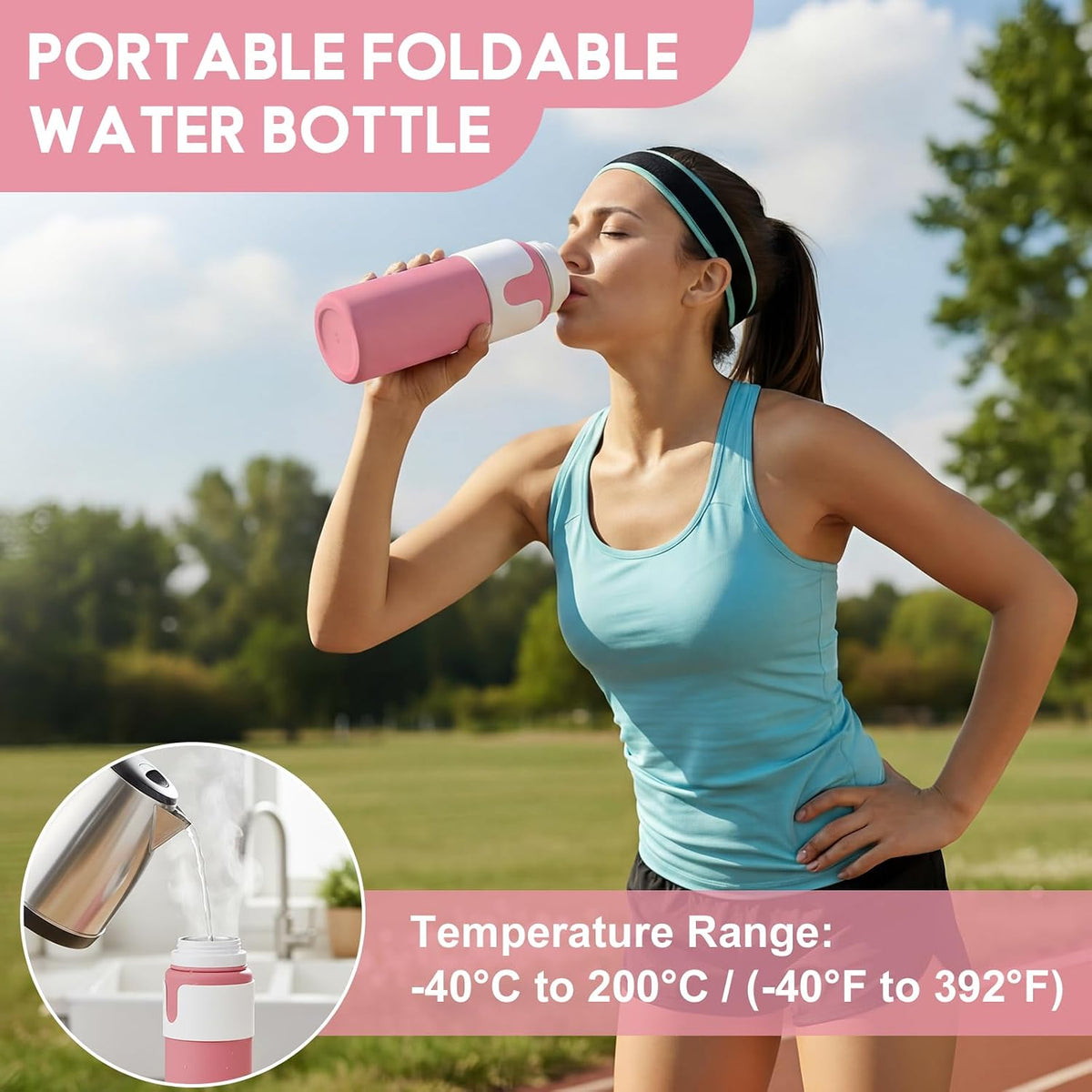 2 Pcs 26 oz Silicone Collapsible Water Bottle, Portable Foldable Water Bottle Leakproof with Carabiner Reuseable Lightweight for Travel Sports Hiking Camping Cycling Office (Black,Pink)