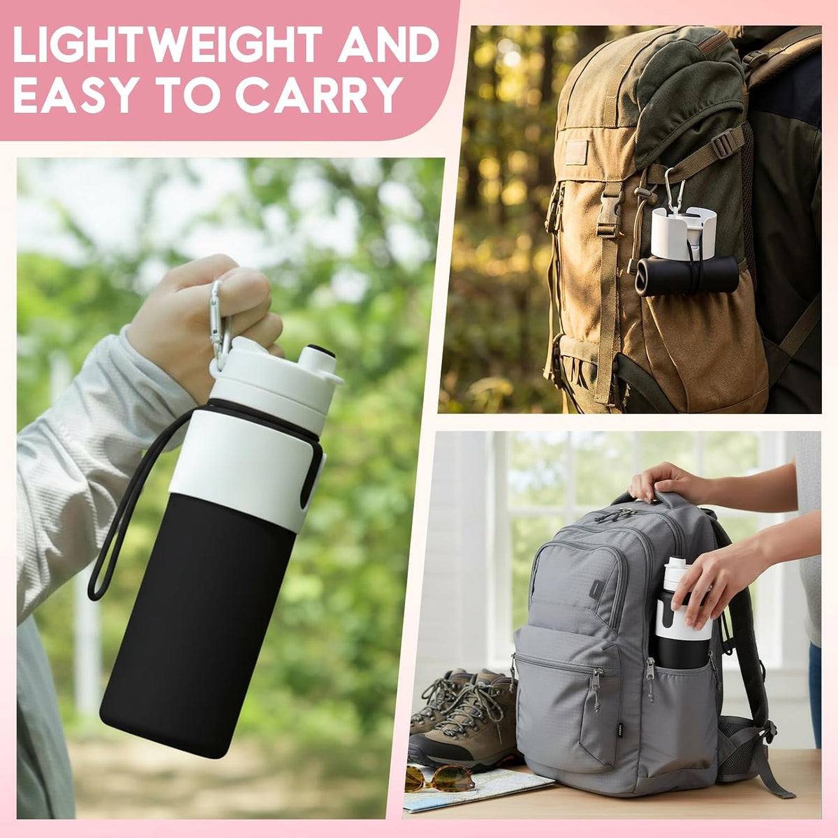 2 Pcs 26 oz Silicone Collapsible Water Bottle, Portable Foldable Water Bottle Leakproof with Carabiner Reuseable Lightweight for Travel Sports Hiking Camping Cycling Office (Black,Pink)