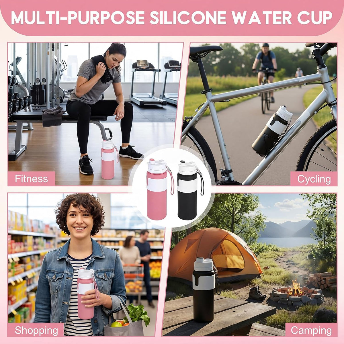 2 Pcs 26 oz Silicone Collapsible Water Bottle, Portable Foldable Water Bottle Leakproof with Carabiner Reuseable Lightweight for Travel Sports Hiking Camping Cycling Office (Black,Pink)