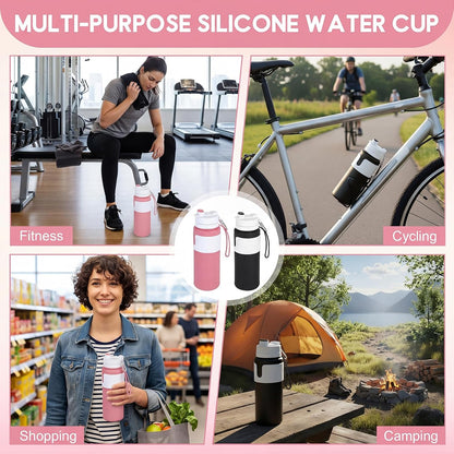 2 Pcs 26 oz Silicone Collapsible Water Bottle, Portable Foldable Water Bottle Leakproof with Carabiner Reuseable Lightweight for Travel Sports Hiking Camping Cycling Office (Black,Pink)